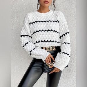White Striped Balloon Sleeve Sweater
